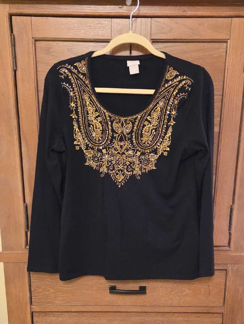 Chico's Long-Sleeve Top with Embroidered & Embellished Neckline Size M
